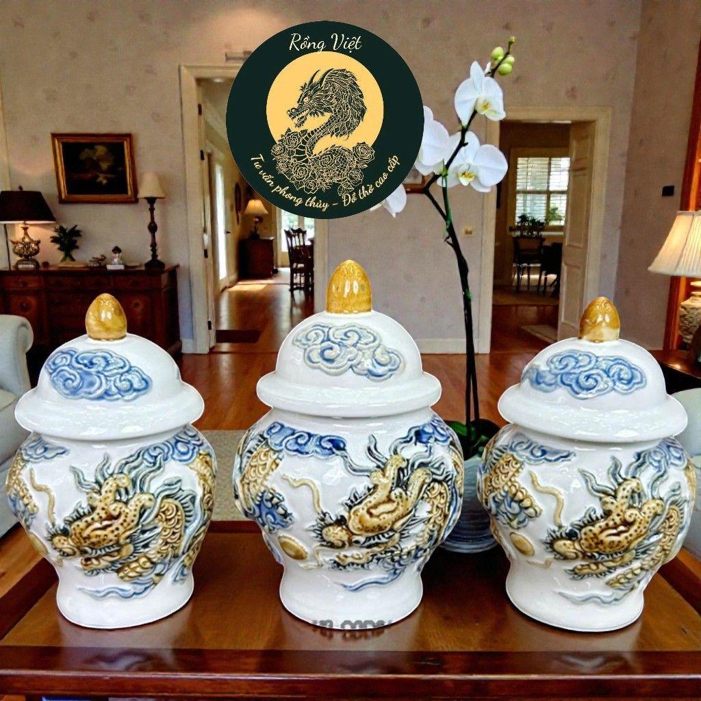 Chóe Thờ Rồng Đắp Nổi Men Trắng RỒNG VIỆT Cao Cấp - Hũ Đựng Gạo Muối Nước Sang Trọng gốm Bát Tràng