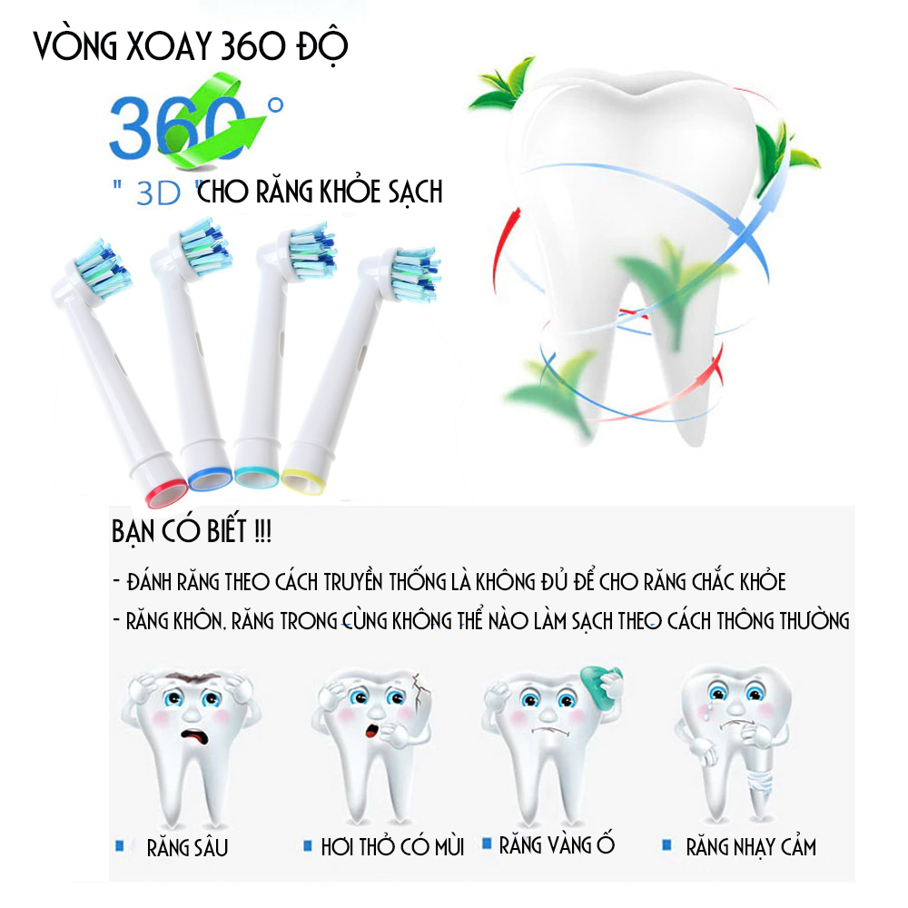 Cho máy Oral B Braun Cross Action EB-50A, Set Bộ 4 đầu bàn chải đánh răng điện đánh tan mảng bám