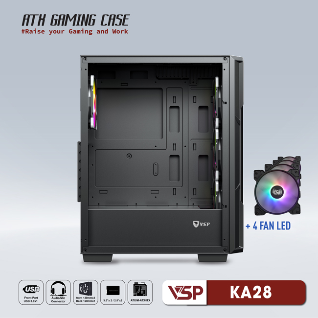 Vỏ máy tính Case VSP KA28 [ĐEN] sẵn 4 Fan LED ~ Gaming Kính cường lực (ITX, MICRO-ATX, ATX) - Hàng chính hãng TECH VISION phân phối