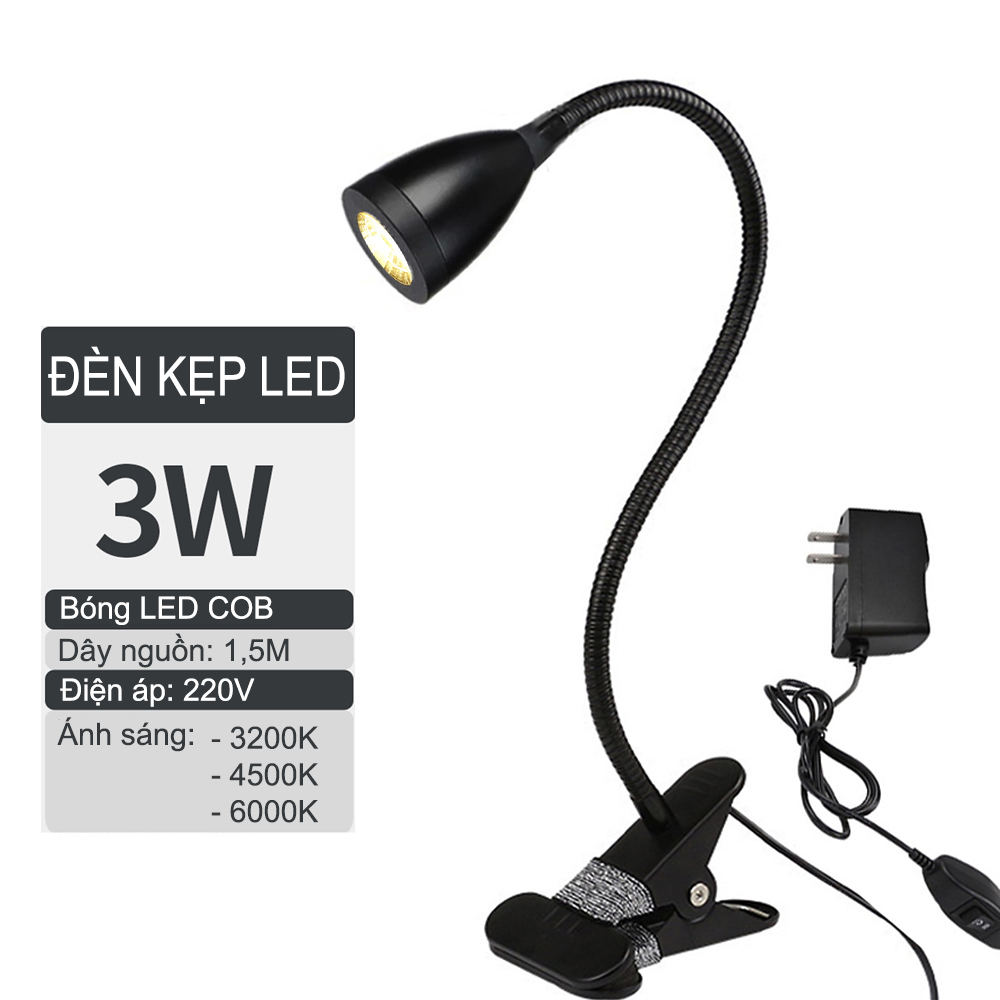 Đèn học, Đèn đọc sách kẹp bàn đầu giường LED 3W - 5V, Loại ánh sáng chiếu rọi điểm chống lóa, Ánh sáng vàng ấm