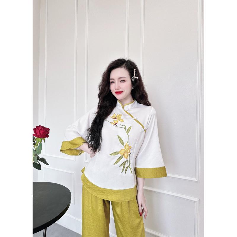 Đồ Đi Chùa Nữ, Bộ Pháp Phục Đi Chùa lụa tuyết nhung, phối nút tàu, Freesize 40-60kg