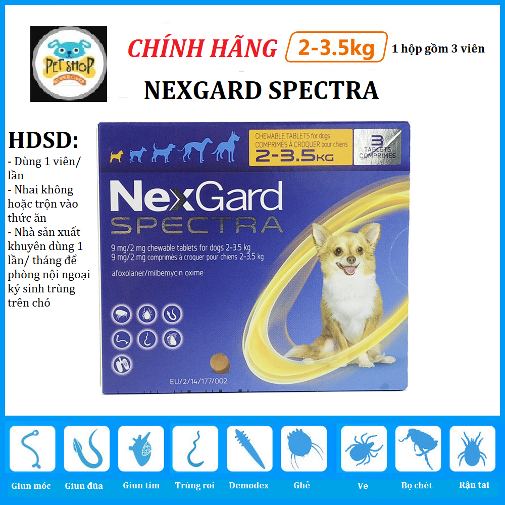 Một Viên (1V) Nexgard Spectra - Ve Ghẻ Demodex Xổ Giun Chó 2-3,5Kg