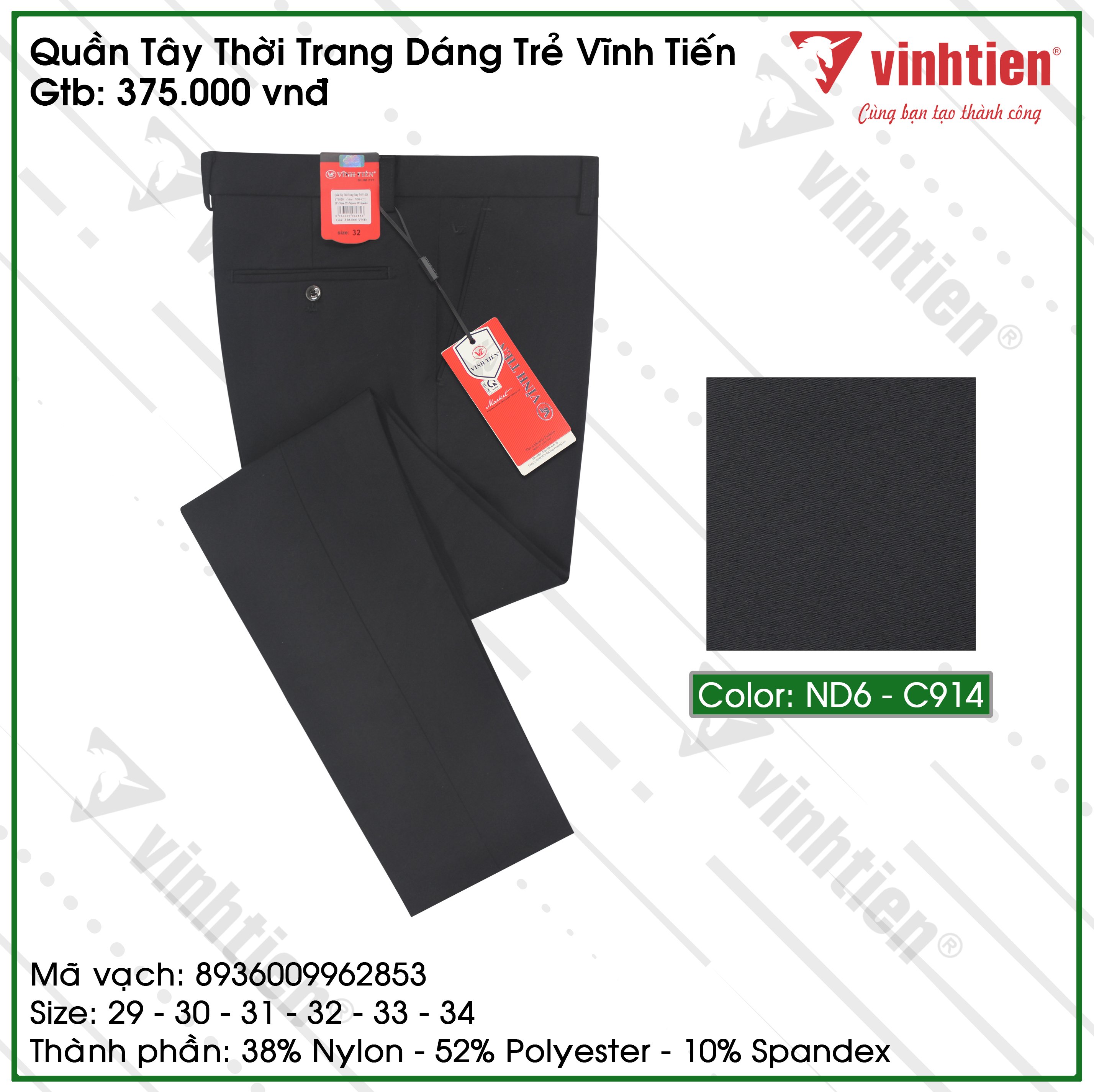 Quần tây Nam Thời Trang Dáng Trẻ 399 Vĩnh Tiến - ND6-C914 - Đen