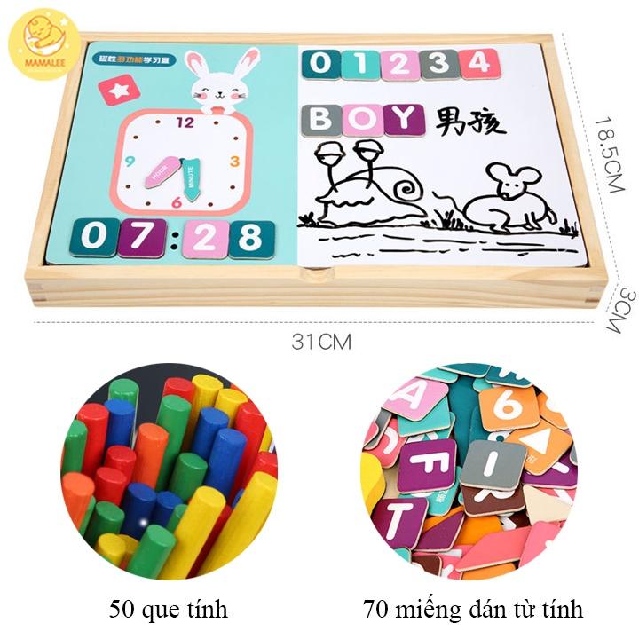 Hộp Gỗ Học Toán Đa Năng Có Bảng Nam Châm 2 Mặt Kèm Chữ, Số, Que Tính, Hình học