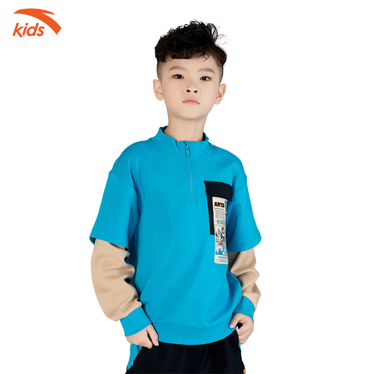 Áo nỉ thời trang bé trai Anta Kids cổ cao khóa zip, chất nỉ da cá 352239741-2