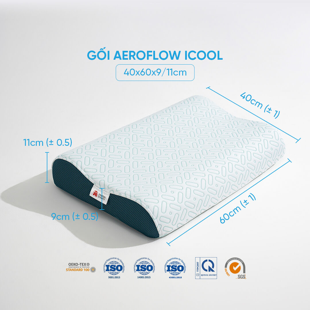Gối cao cấp làm mát Nhật Bản Memory Foam Aeroflow iCool 40x60cm giúp ngủ sâu, giảm đau cổ vai gáy, phù hợp với mọi tư thế nằm