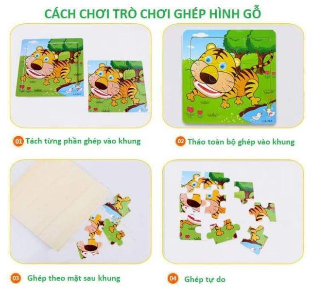 Bộ 10 tranh gỗ xếp hình 9 miếng thông minh hình động vật và phương tiện giao thông