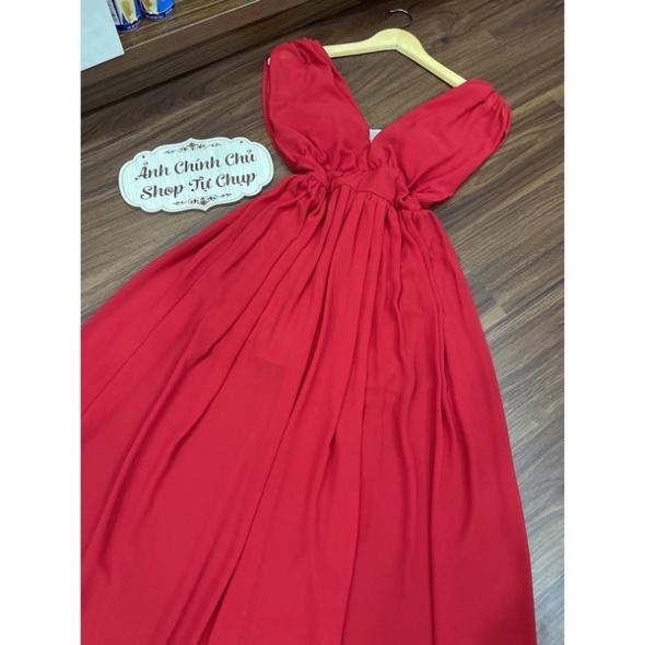 Đầm váy Maxi Vintage voan lót lụa vàng đỏ cổ V đi biển dự tiệc dạo phố bigsize gợi cảm sexy