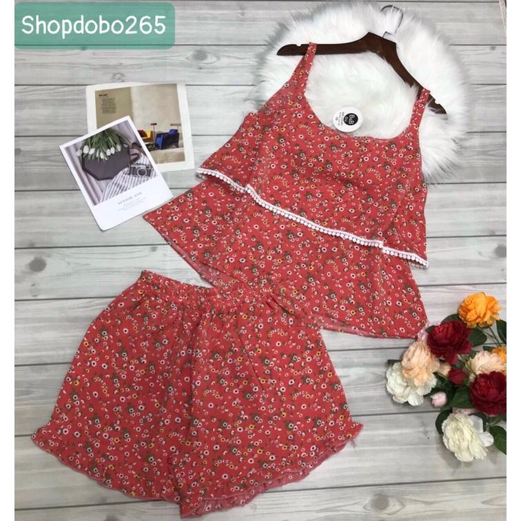 Bộ ngủ 2 dây,đồ ngủ mặc nhà đùi vải lụa mango BN 125 họa tiết siêu cưng size 47-60kg.