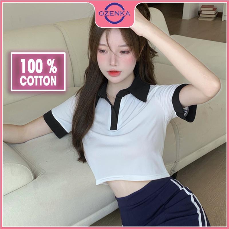 Áo croptop polo nữ đẹp , áo crt cộc tay ôm body cải màu đen trắng thun gân 100% cotton free size dưới 50 kg