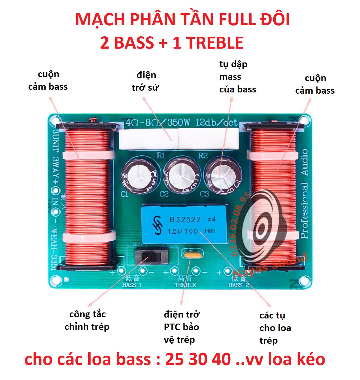 BỘ 2 CÁI MẠCH FUN ĐÔI WEAH3351 - PHÂN TẦN CHO 2 LOA BASS CÔN 50 60 75 - MẠCH PHÂN TẦN 2 BASS