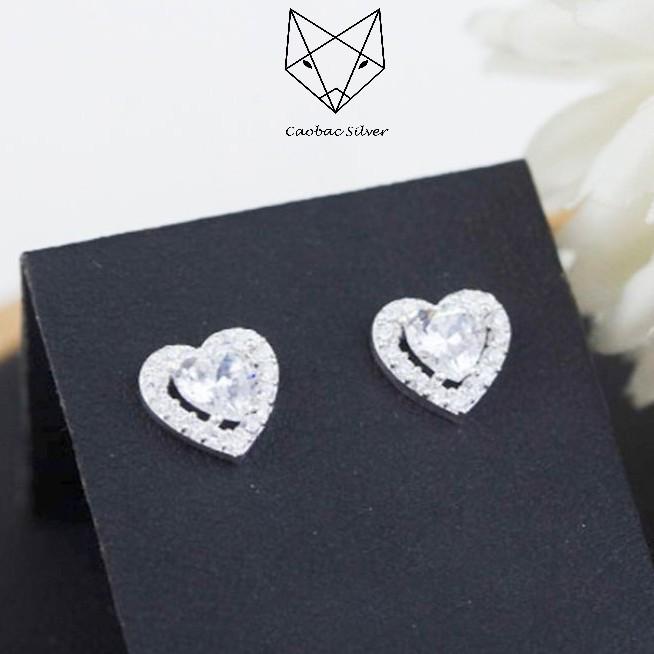 Khuyên Tai Bạc Nữ S99 CaoBac Silver Hình Tim Đính Đá K17