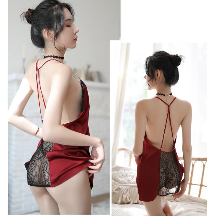 Váy ngủ dây choàng cổ V phối ren gợi cảm - Đỏ