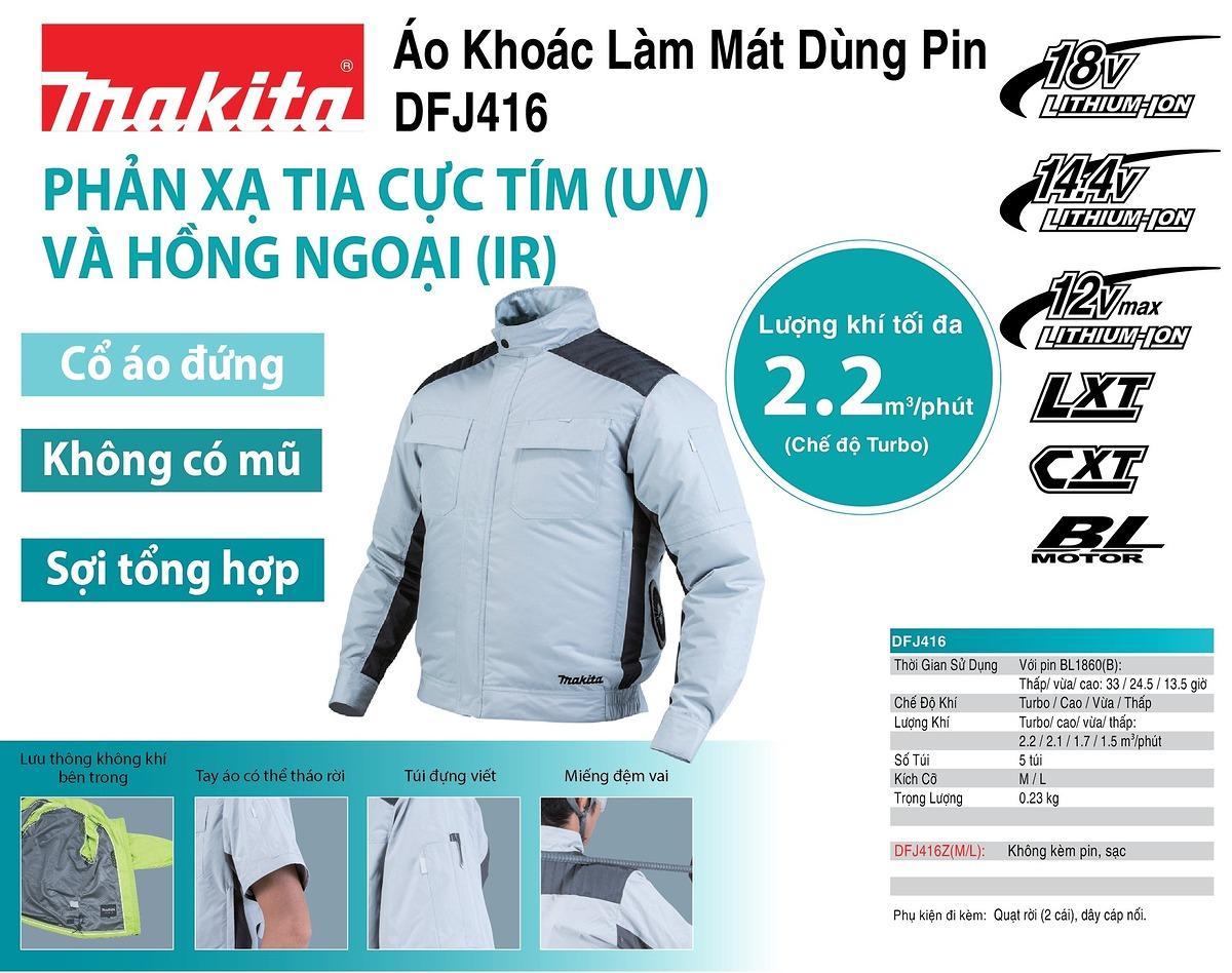 ÁO KHOÁC LÀM MÁT DÙNG PIN SIZE M (BL)(18V/14.4V/12V MAX) MAKITA DFJ416ZM (KHÔNG KÈM PIN VÀ SẠC) - HÀNG CHÍNH HÃNG