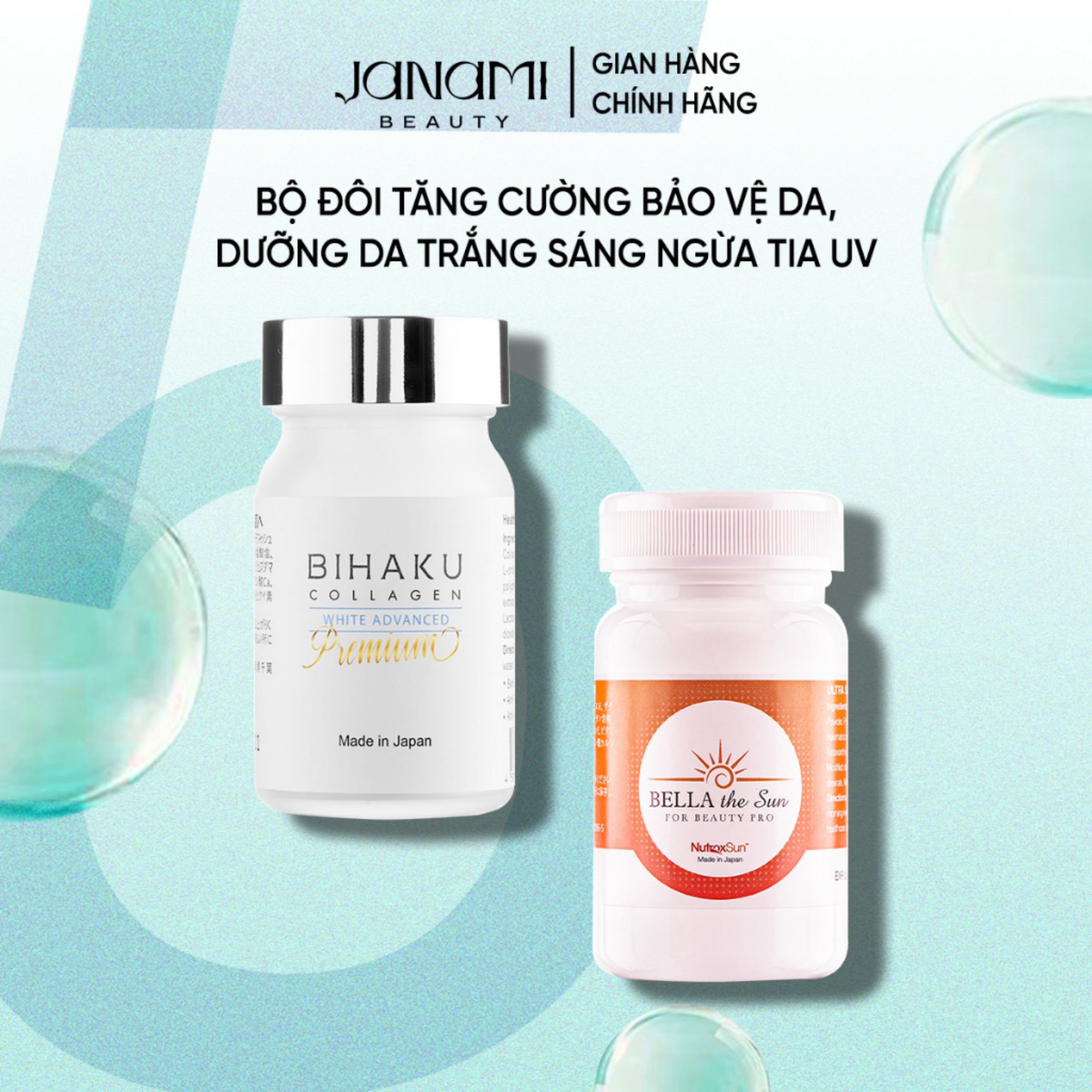 bộ đôi ngừa sạm nám trắng da BIHAKU PREMIUM COLLAGEN hộp 30v và BELLA THE SUN hộp 30v chống lão hóa mờ đốm sắc tố, căng da dưỡng ẩm, chống nắng nội sinh