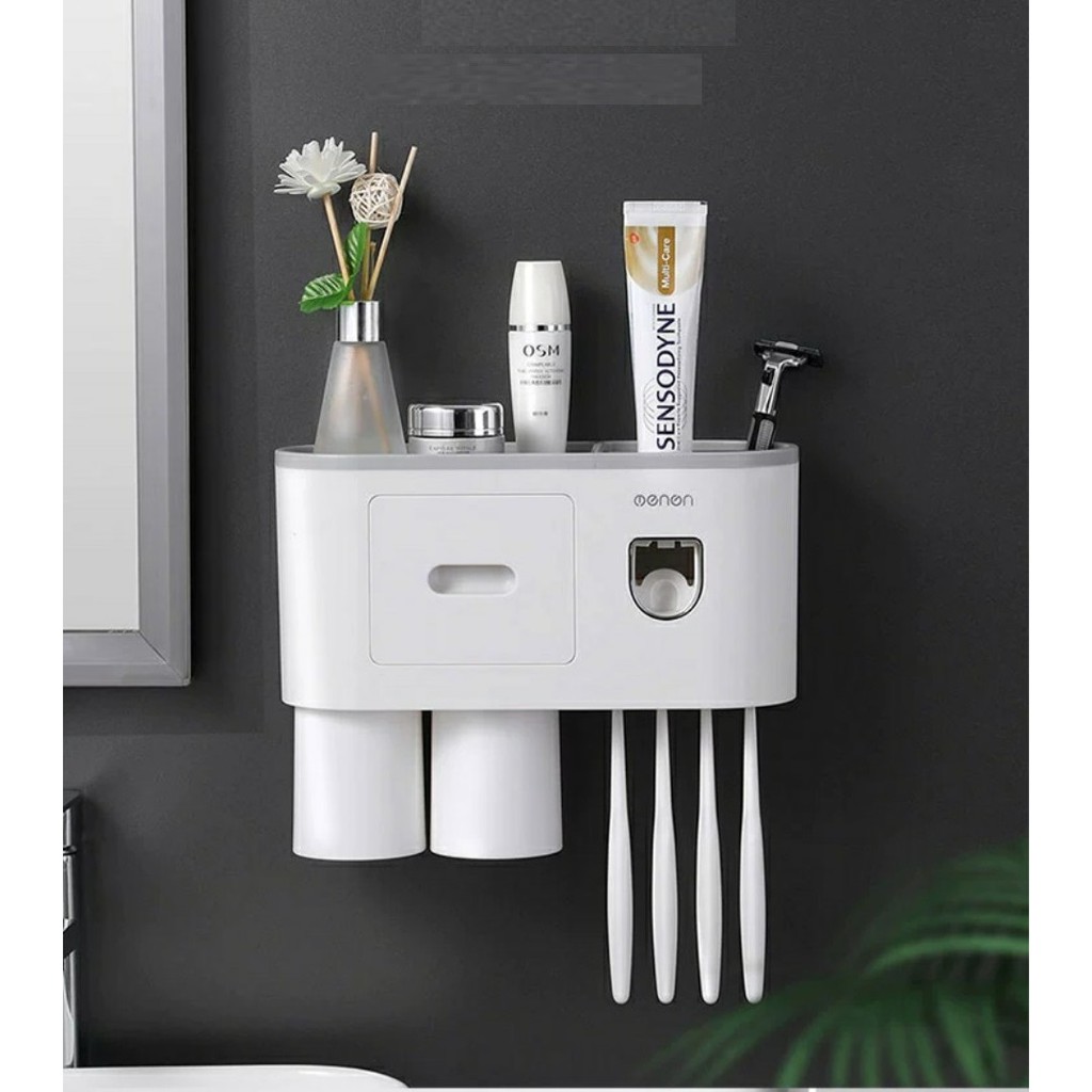Combo kệ để đồ nhà tắm kèm bộ dụng cụ nhả kem đánh răng tự động tặng kèm 4 cốc từ tính, mẫu mới 2022