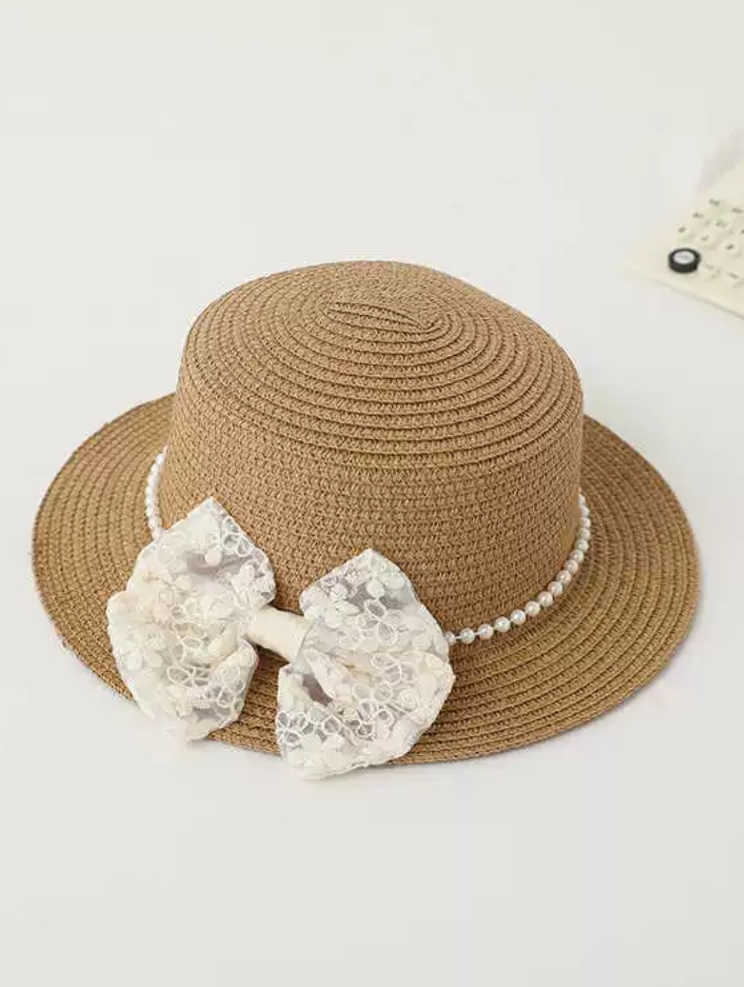 Nón mũ đi biển vành bằng phối đai ngọc trai nhân tạo nơ ren chất liệu cói chống nắng thoáng mát thời trang Hàn Quốc dona240698