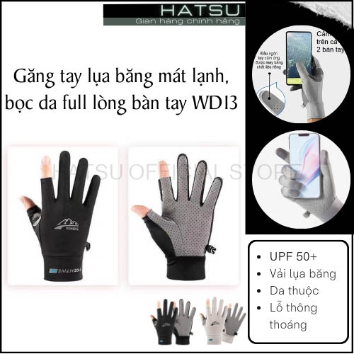 Găng tay cắt 2 ngón lụa băng mát lạnh, bọc da full lòng bàn tay WD13 - Găng tay đi phượt, tập gym, thể thao