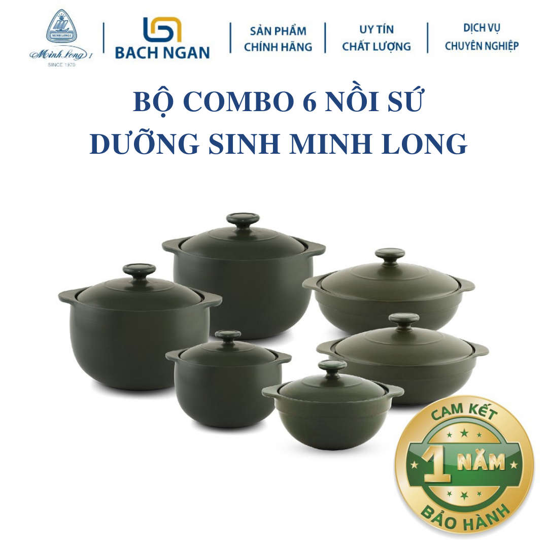 Combo 6 Nồi Sứ Nhỏ Dưỡng Sinh Minh Long có nắp, tráng men xanh rêu, dùng bếp ga, hầm cháo, kho cá