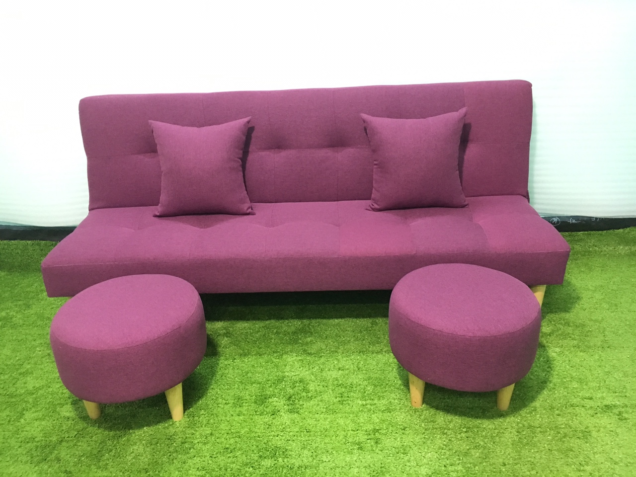 Bộ sofa bed tím bố BT vs 2 ghế đôn tròn, sofa giường, ghế sofa phòng khách, salon, sopha, sô pha, sa lông