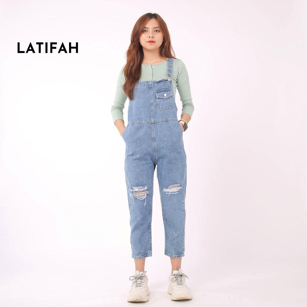 Quần yếm jean dài nữ LATIFAH túi đồng hồ rách gối YJ005