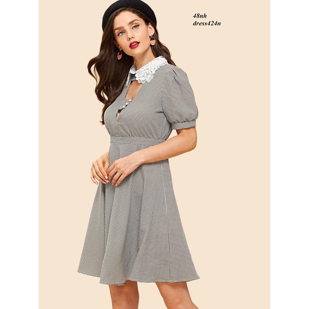 DRESS261N-ĐẦM SỌC XÒE PHỐI REN S-6XL