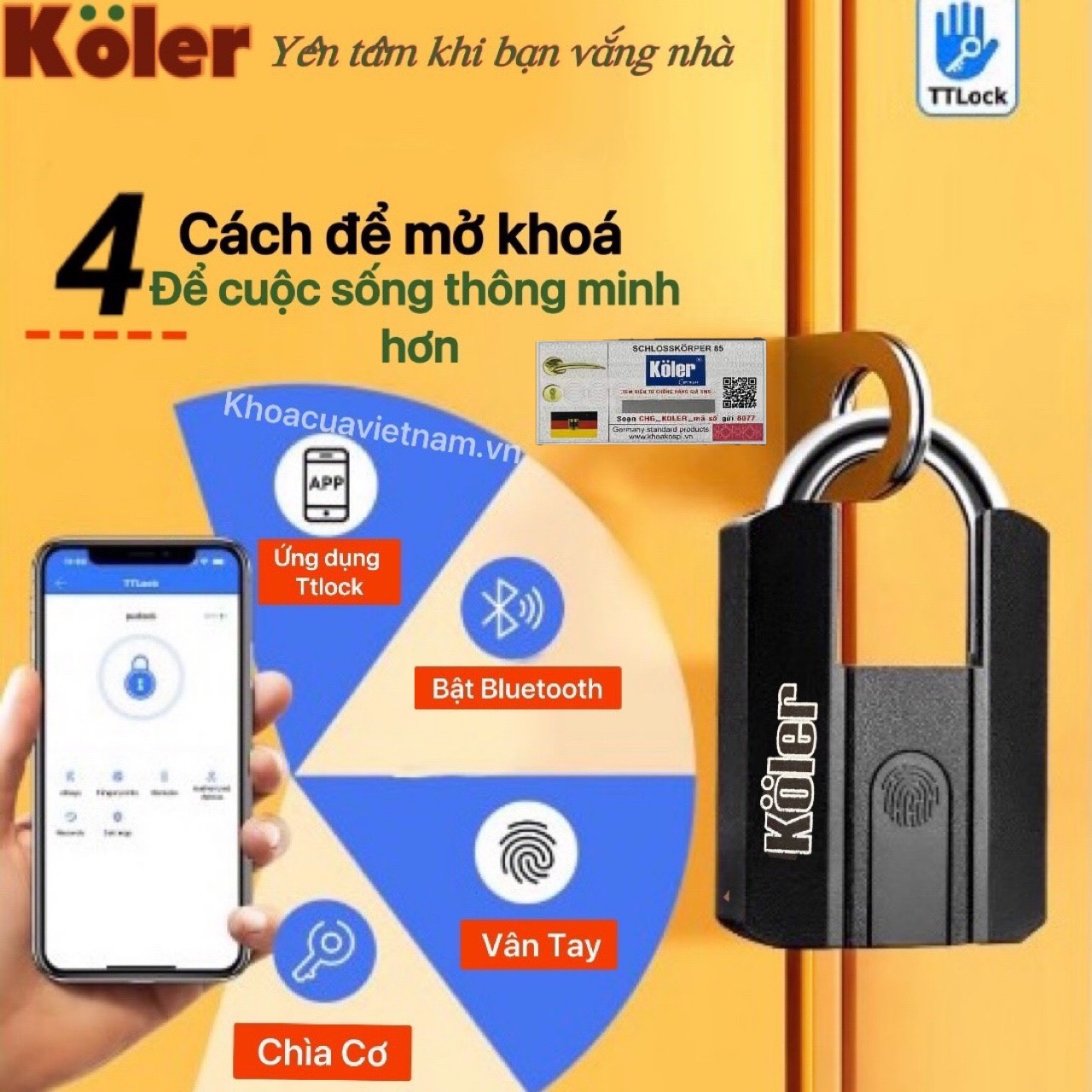 Khóa Móc Vân Tay KOLER. Mở Bằng APP, Vân tay và Chìa cơ. Chống Nước Và Quản Lý Mở cửa.