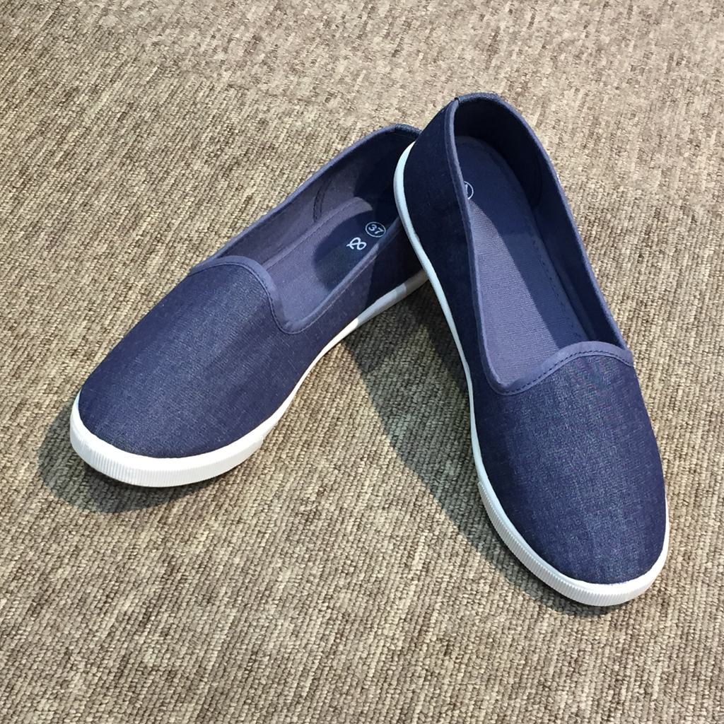 Giày slip on nữ mũi tròn búp bê siêu mềm êm chân chuyên dụng đi bộ tôn dáng đẹp - màu xanh jeans vải Canvas