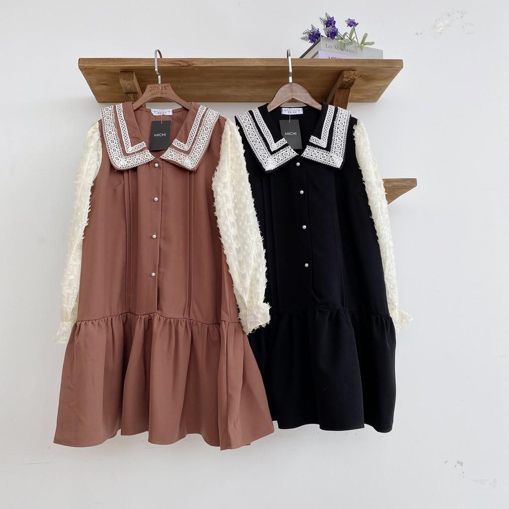 Váy suông đuôi cá phối cổ ren, đầm xuông tay voan phủ lông freesize 2 màu đen, nâu mã V40 - Michi's House