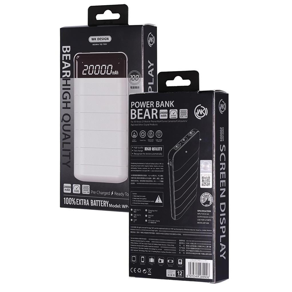 Pin sạc dự phòng WK Design WP 026 Bear 20000mAh - Tích hợp màn hình LCD hiển thị phần trăm pin - Chip thông minh tự ngắt