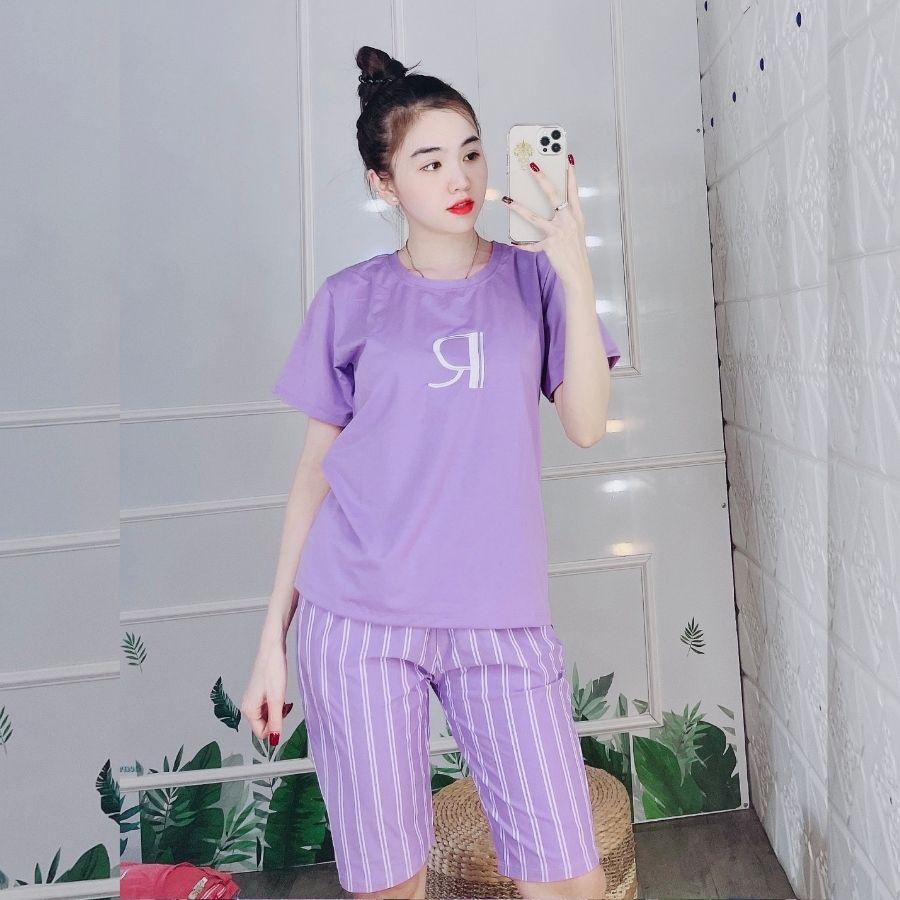 Đồ bộ nữ dễ thương bigsize mùa hè Đồ ngủ nữ thun cotton Bộ thể thao quần lửng sọc set ngố mặc nhà cute ESHOP AD16