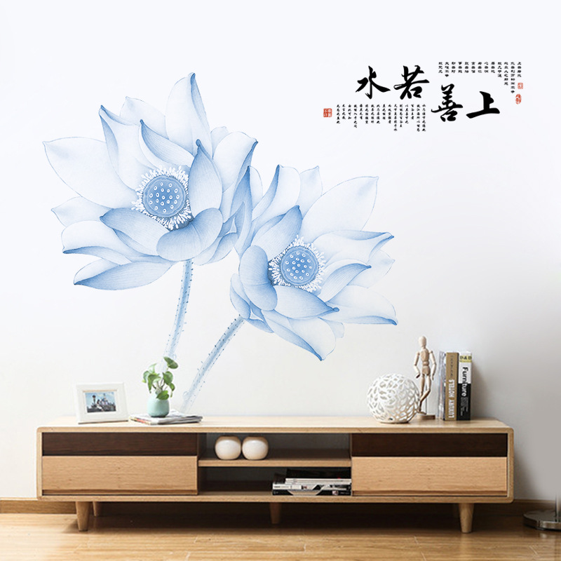 Decal dán tường hoa sen xanh dương size lớn sang trọng