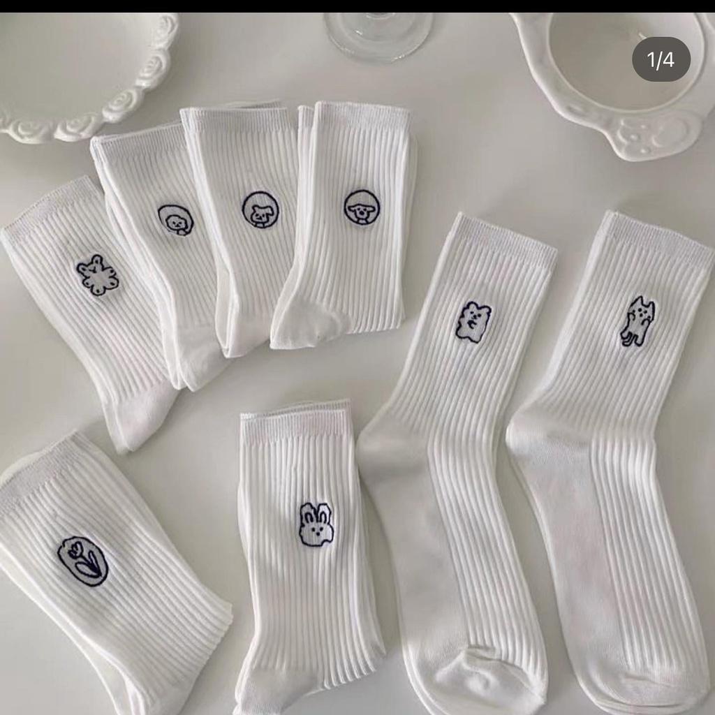 Tất Cao Cổ Nam Nữ Vớ Cao Cổ Thêu Họa Tiết Nhỏ Xinh Chất Cotton Mịn Mát Tất Trắng Lolita Cao Cổ Nữ Camcamvintage