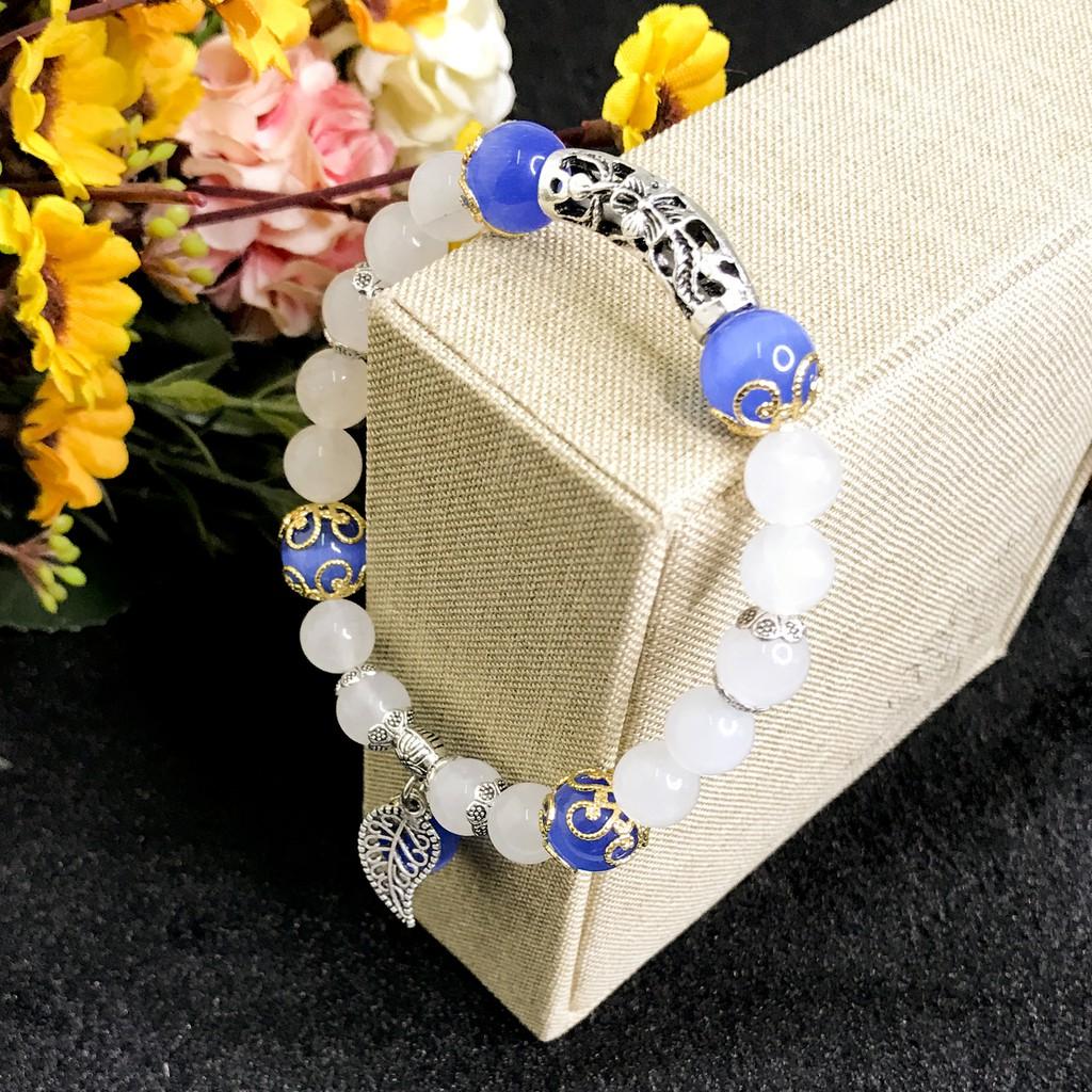Vòng Tay Cho Mệnh Kim - Vòng Tay Nữ Mã Não Trắng 8mm Mix Đá Mắt Mèo Xanh Biền 10mm V353-8
