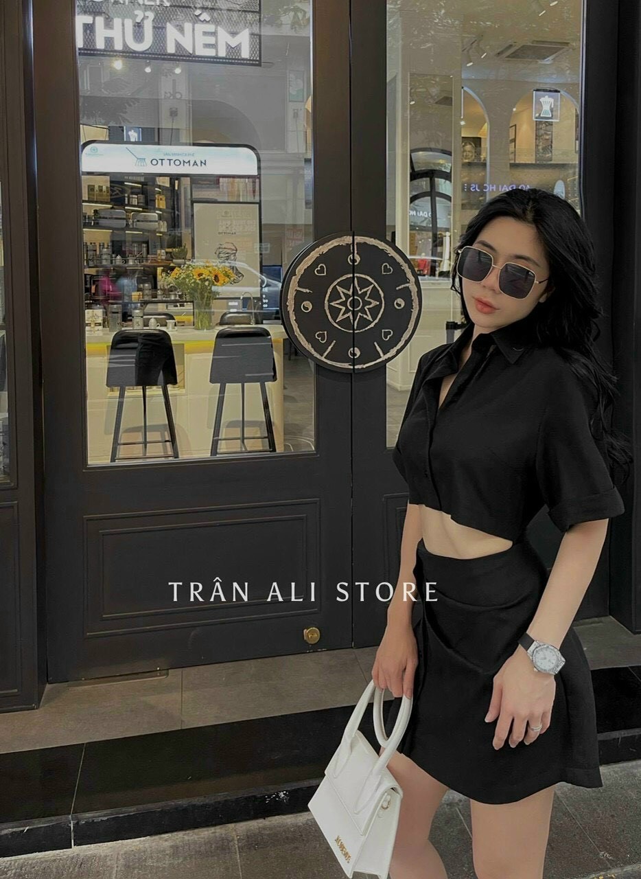 SET ÁO CROPTOP SUÔNG RỘNG TRƠN CỔ SƠ MI + CHÂN VÁY NGĂN SUÔNG ĐEN DẠO PHỐ DỰ TIỆC