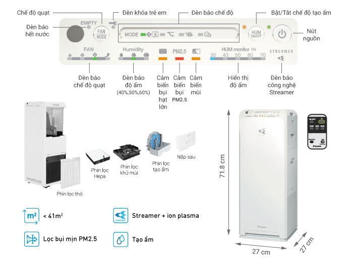 Máy lọc không khí tạo ẩm Daikin (MCK55TVM6) - Hàng Chính Hãng