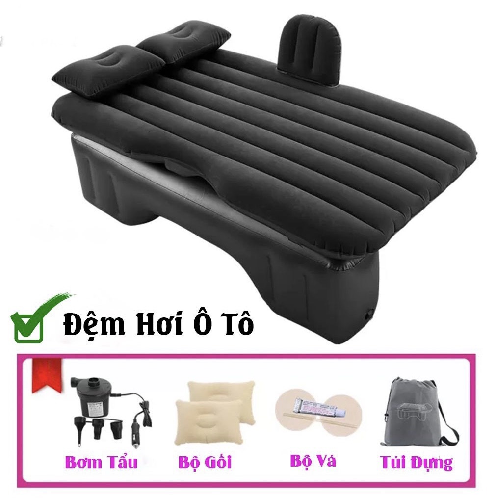 Giường nệm hơi ô tô xe hơi cao cấp dày loại 1 mặt nhung thoáng mát đế rời đi kèm bơm điện và bộ gối - Đen