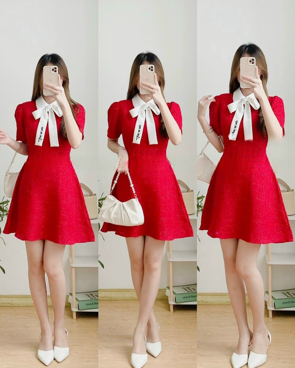 ĐẦM GÂN XƯỚC PHỐI CỔ CỘT NƠ IN CHỮ MÀU Y HÌNH