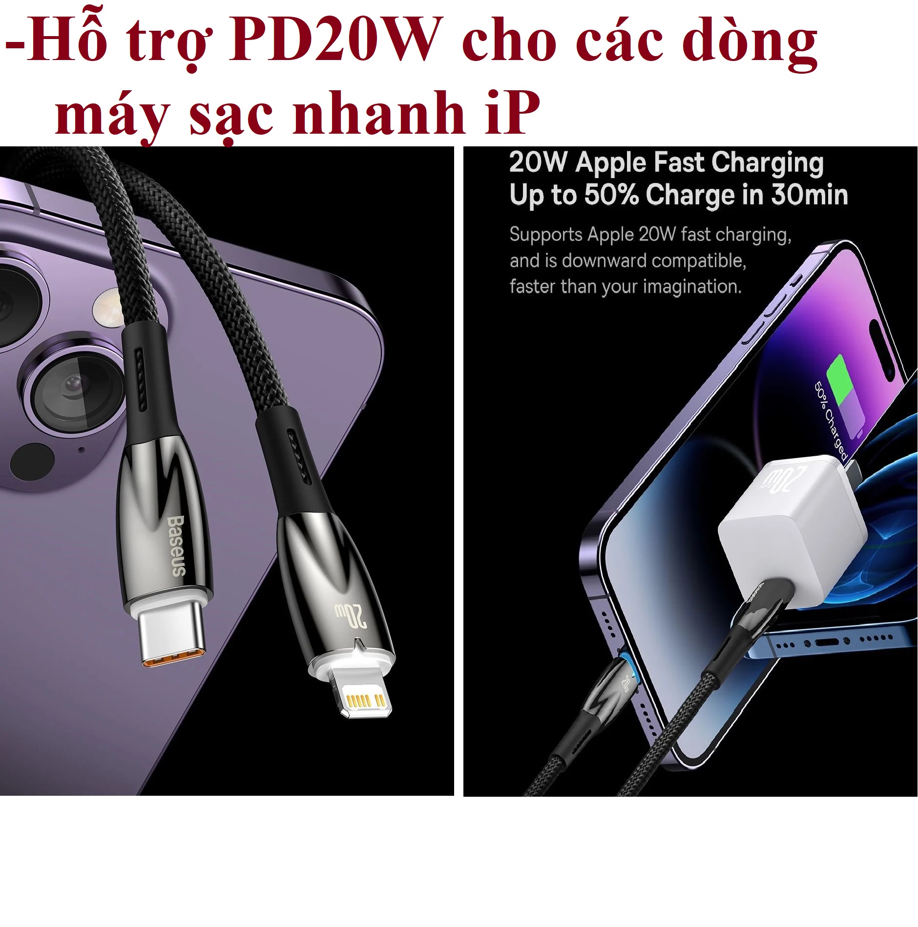 [Type-C to iP ] Cáp sạc nhanh PD20W đèn LED cho ip 14 series Baseus Glimmer Series _ Hàng chính hãng