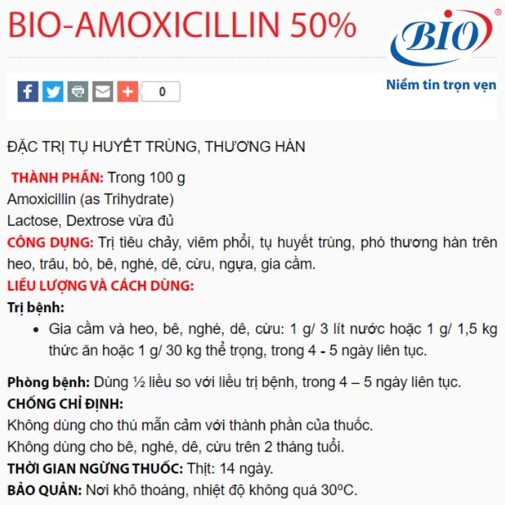 Bio Amoxcilin50%, sản phẩm hổ trợ sức khỏe cho gia súc gia cầm, gói 100gr