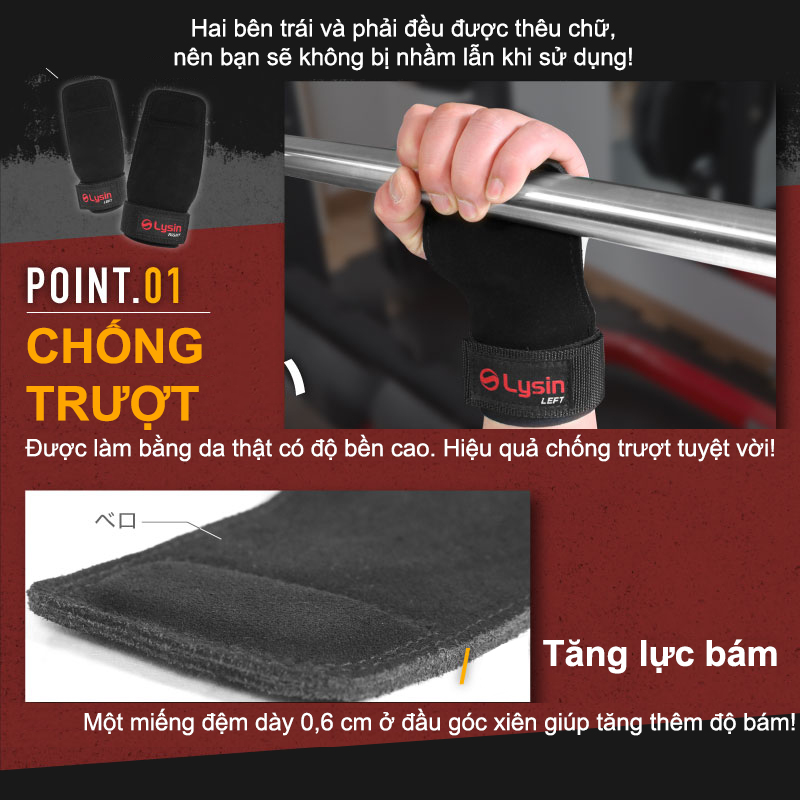 Lysin - đai hỗ trợ bảo vệ cổ tay, lòng bàn tay chất liệu da lộn thoáng khí, chống trượt, găng tay tập gym dây kéo lưng lifting straps tập deadlift kéo xà nâng tạ