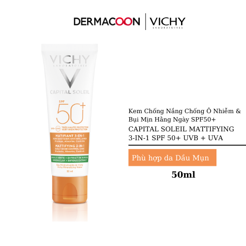 Kem Chống Nắng Chống UVA+UVB Chống Bụi Mịn Vichy SPF50+ Capital Soleil Mattifying 3in1 50ml