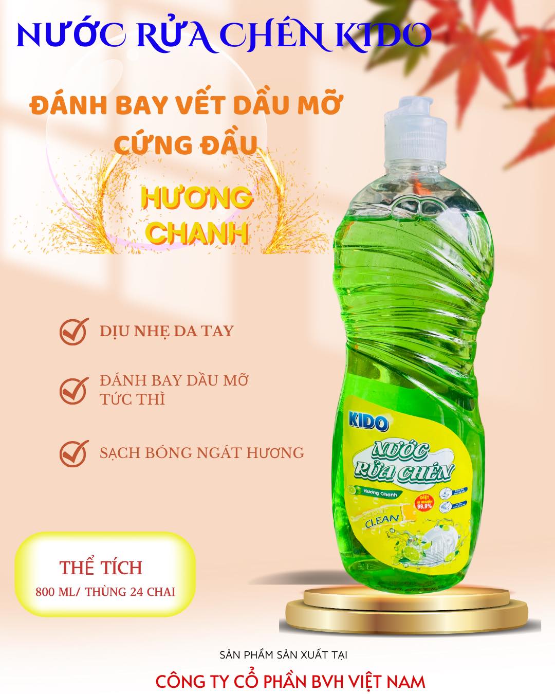 Nước Rửa Bát KiDo Hương Chanh Chiết Xuất 800ml Sạch Bay Dầu Mỡ