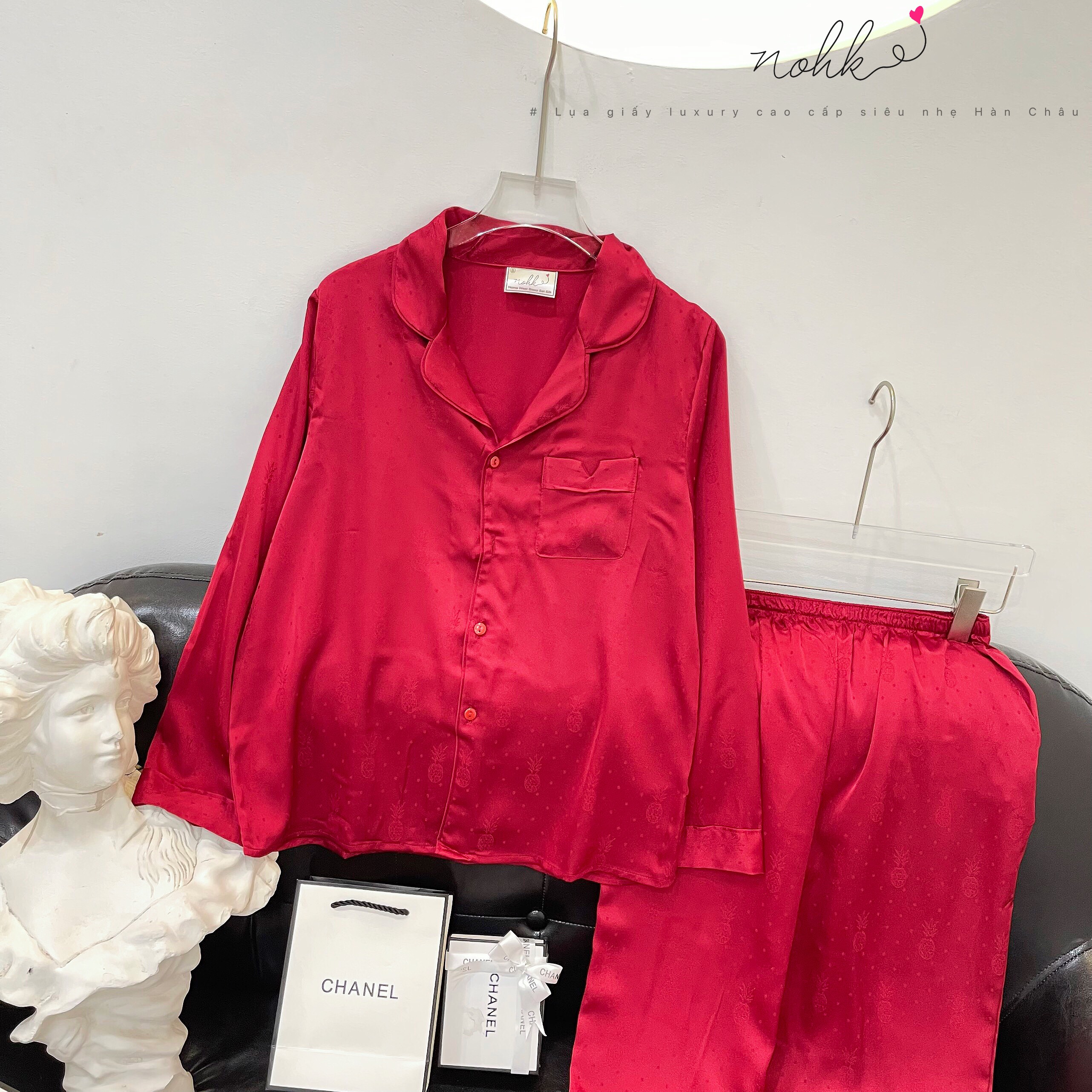 Bộ pizama áo dài quần dài lụa gấm màu Đỏ cao cấp NOHK BO074A