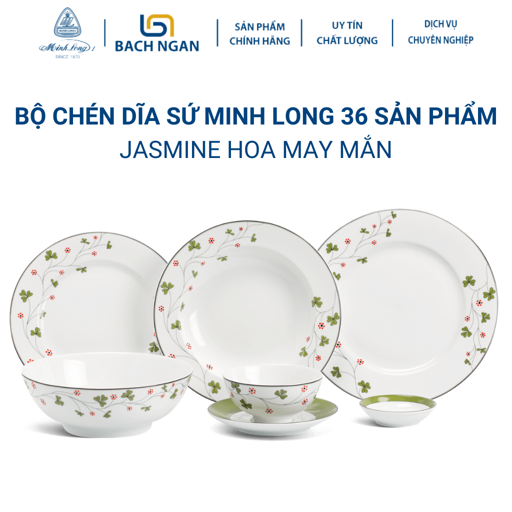 Bộ chén dĩa sứ Minh Long 36 sản phẩm JASMINE Hoa May Mắn dùng cho gia đình, sứ đẹp cao cấp dùng đãi khách, tặng quà tết, quà tân gia