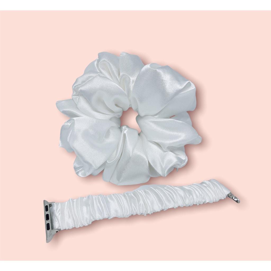 Combo dây đồng hồ apple watch và scrunchies dây cột tóc, buộc tóc vải satin lụa TRẮNG Noel
