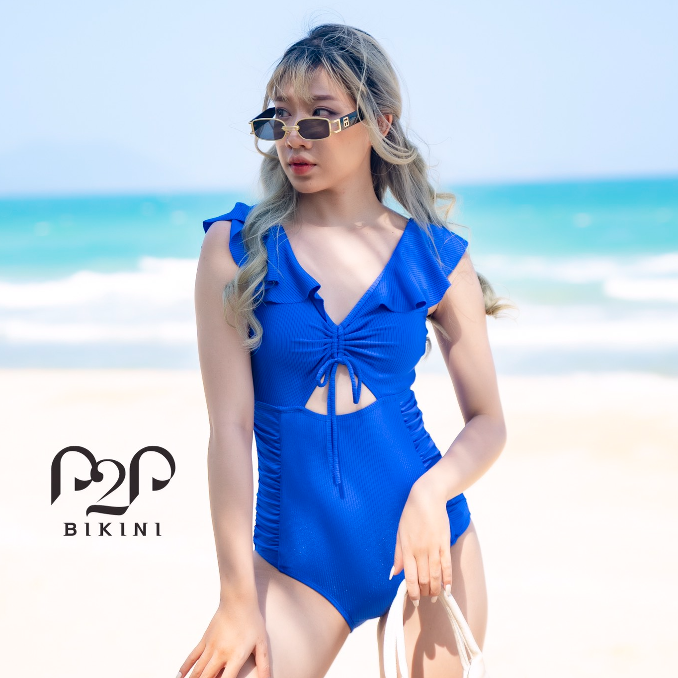 P2P BIKINI - Monokini tay bèo rút dây ngực cut out xanh dương - MN370M_TB3