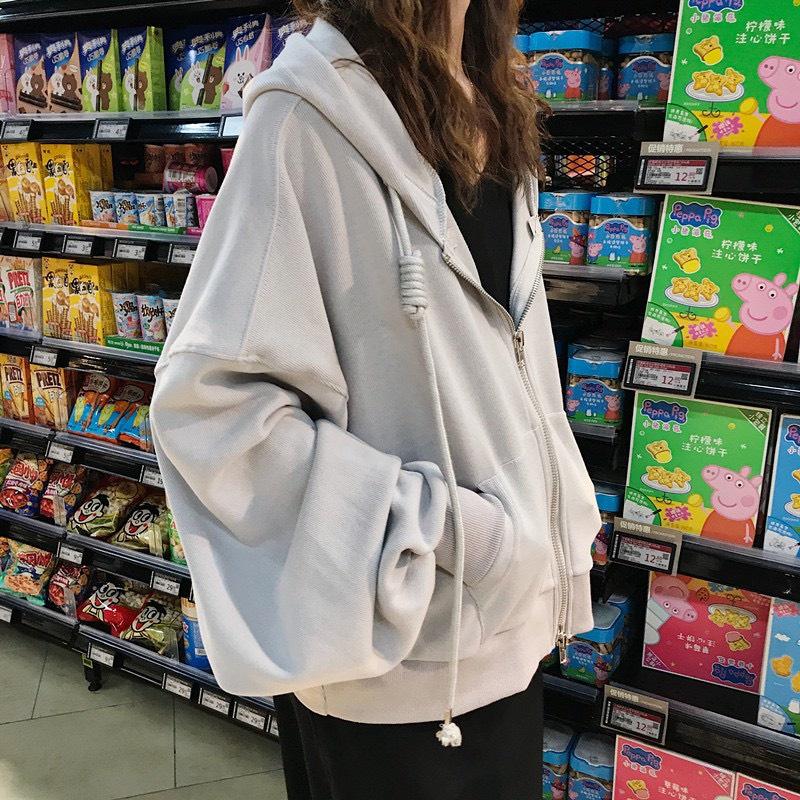 Áo khoác nỉ cotton CVC tay bồng freesize 2 màu xám đen form lớn có mũ trùm