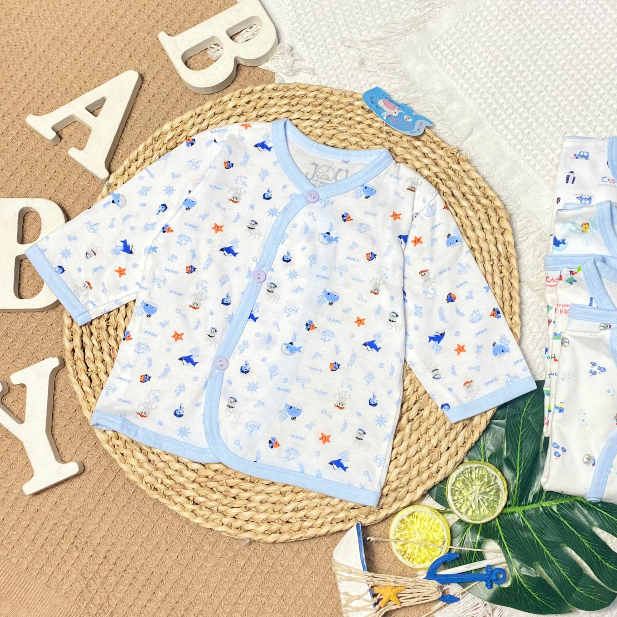 (J09TD) ÁO CÀI XÉO TAY DÀI HỌA TIẾT JOU cho bé 3-9kg - Size 2 (5-7kg)
