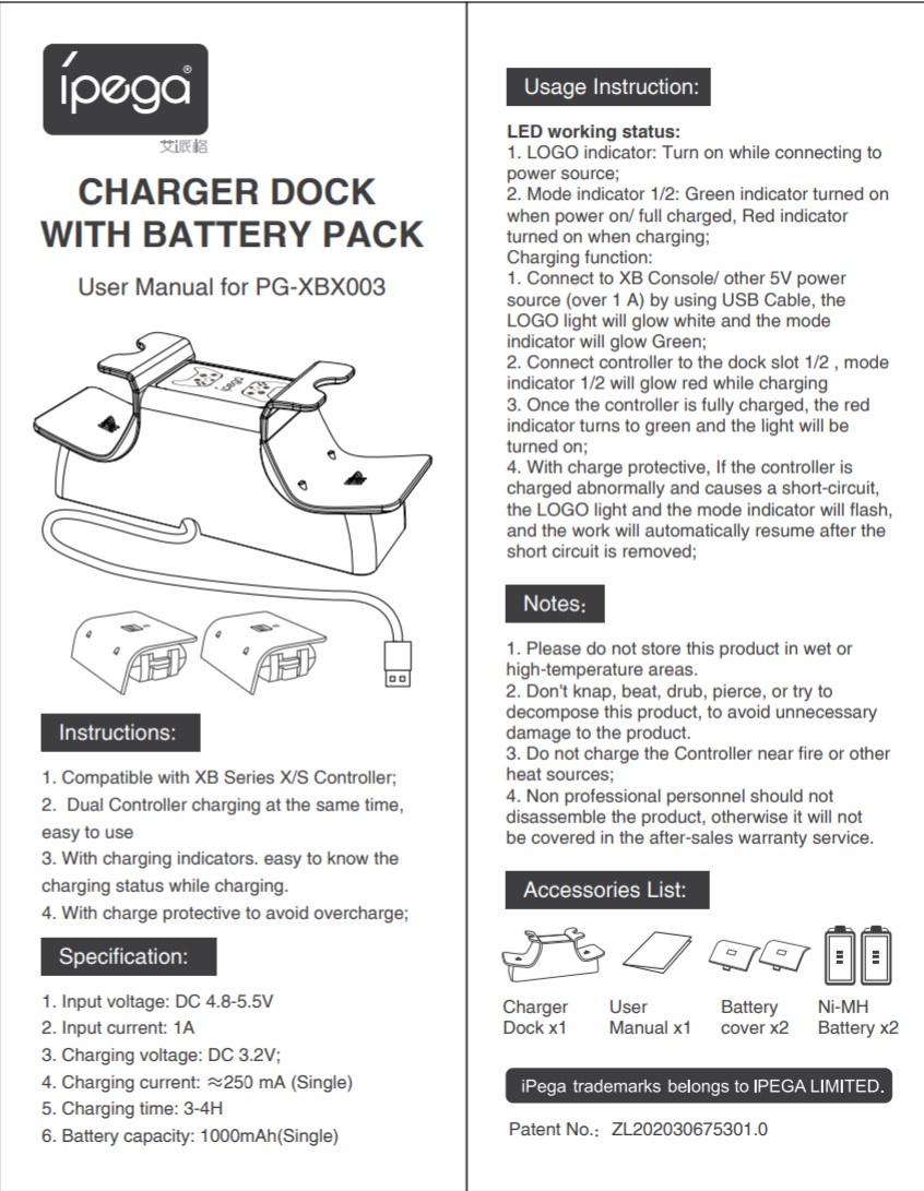 Bộ pin sạc, đế sạc và cover cho tay cầm Xbox Serie S/X 2020 - iPega PG Xbx003 (Hàng nhập khẩu)